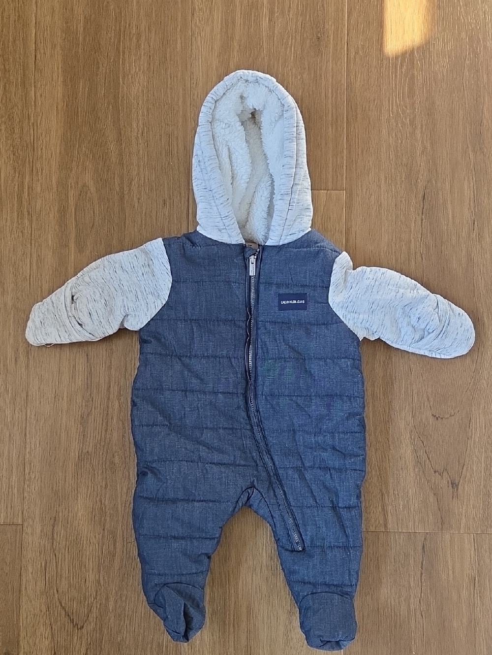 Calvin Klein Navy Quilted Baby Bunting with Cream Sherpa Hood 0-3M